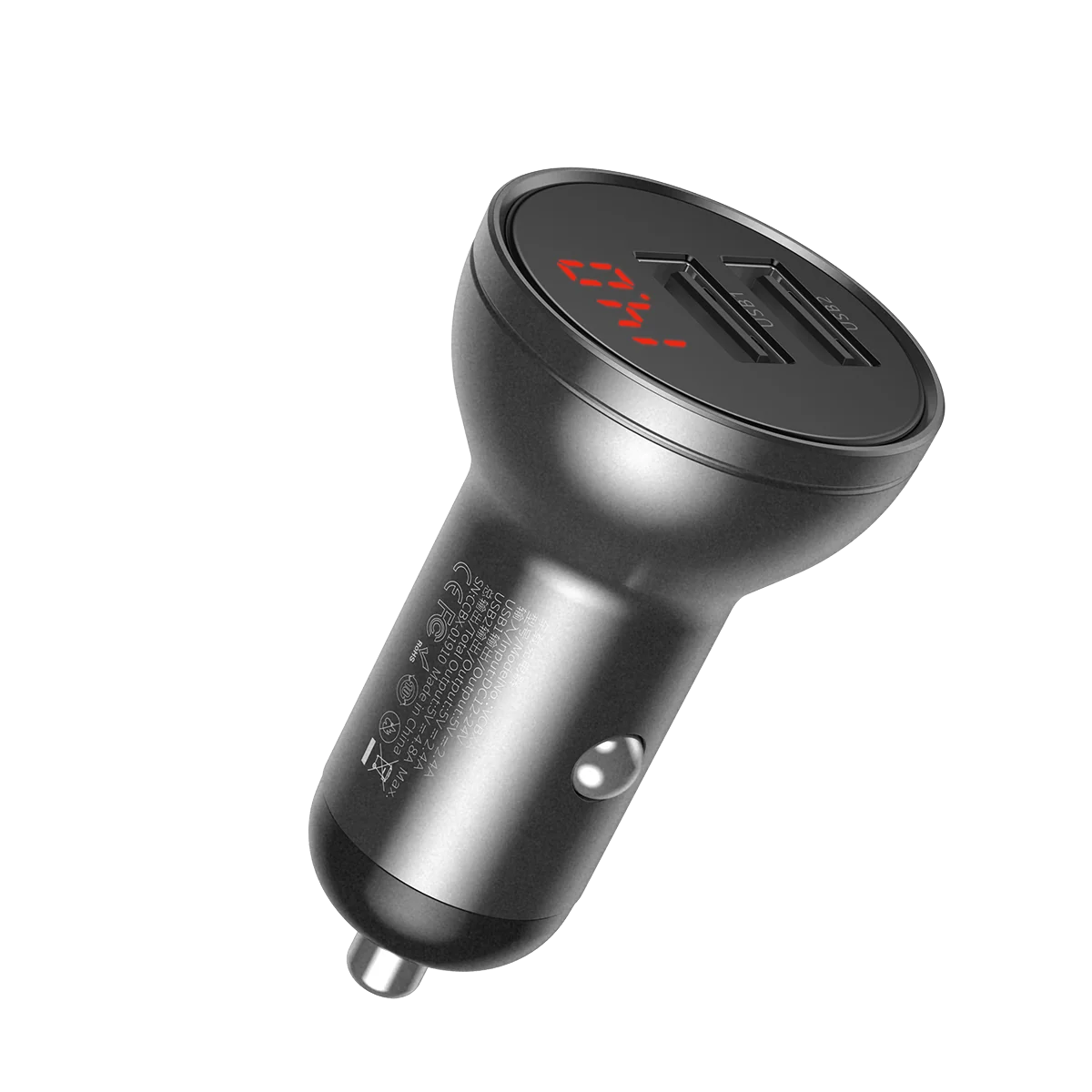 倍显金属数显双USB4.8A车载充电器24W